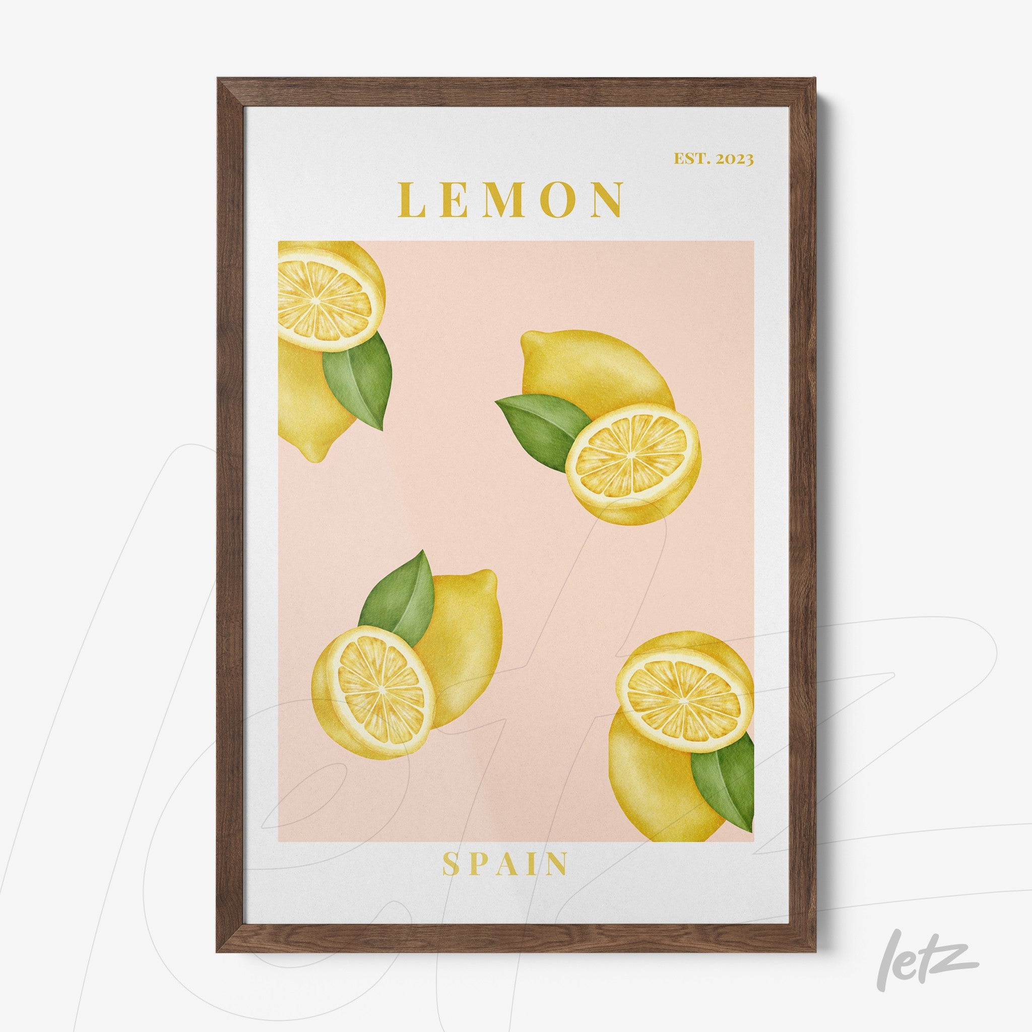 framed art print featuring yellow lemons on a light pink background with brown frame