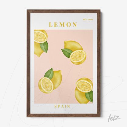 framed art print featuring yellow lemons on a light pink background with brown frame