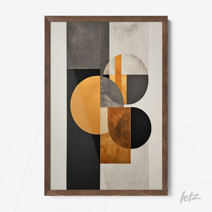 abstract wall art featuring geometric shapes in black, gold, and gray within a wooden frame
