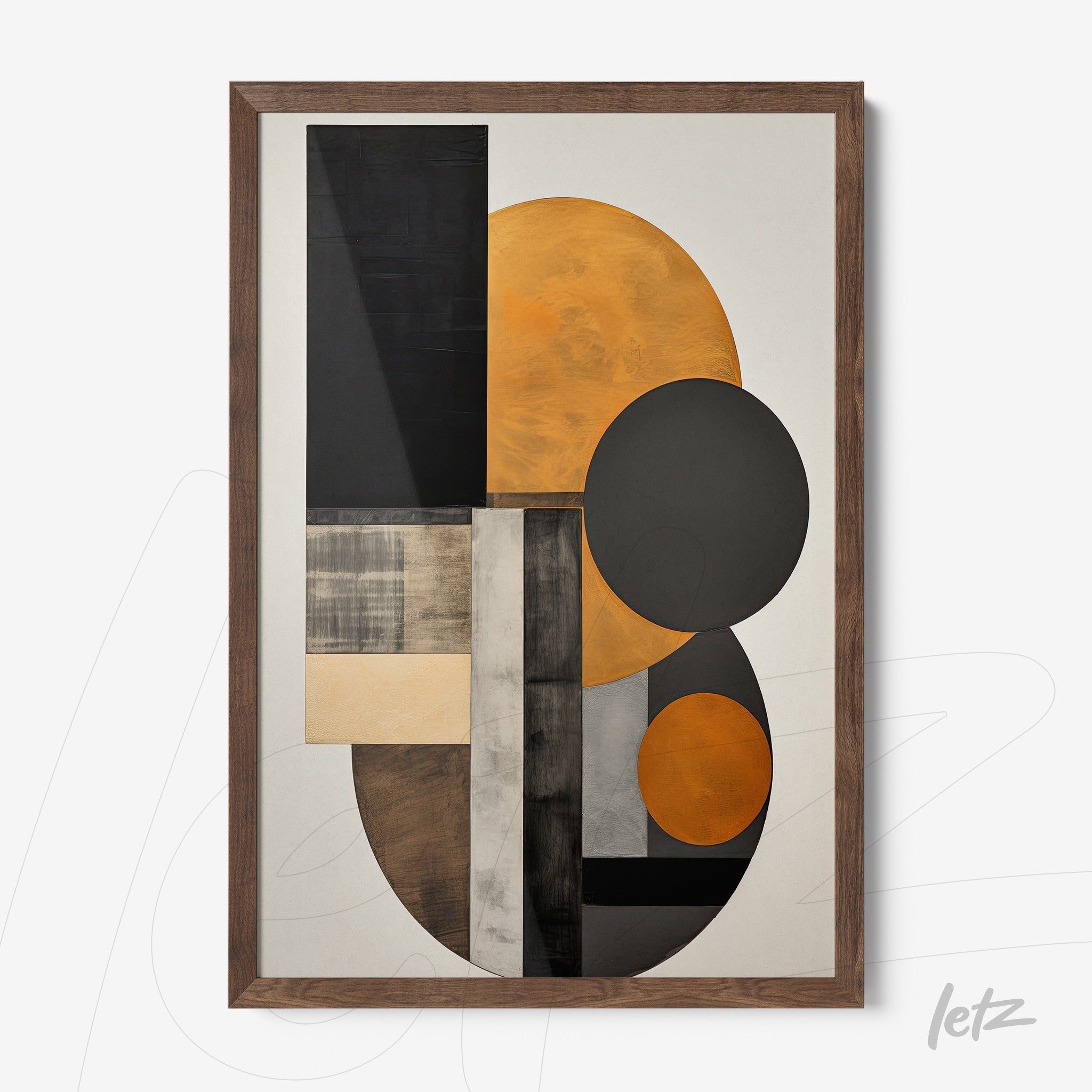 decorative wall art featuring geometric composition in shades of orange, black, and gray, framed in dark wood