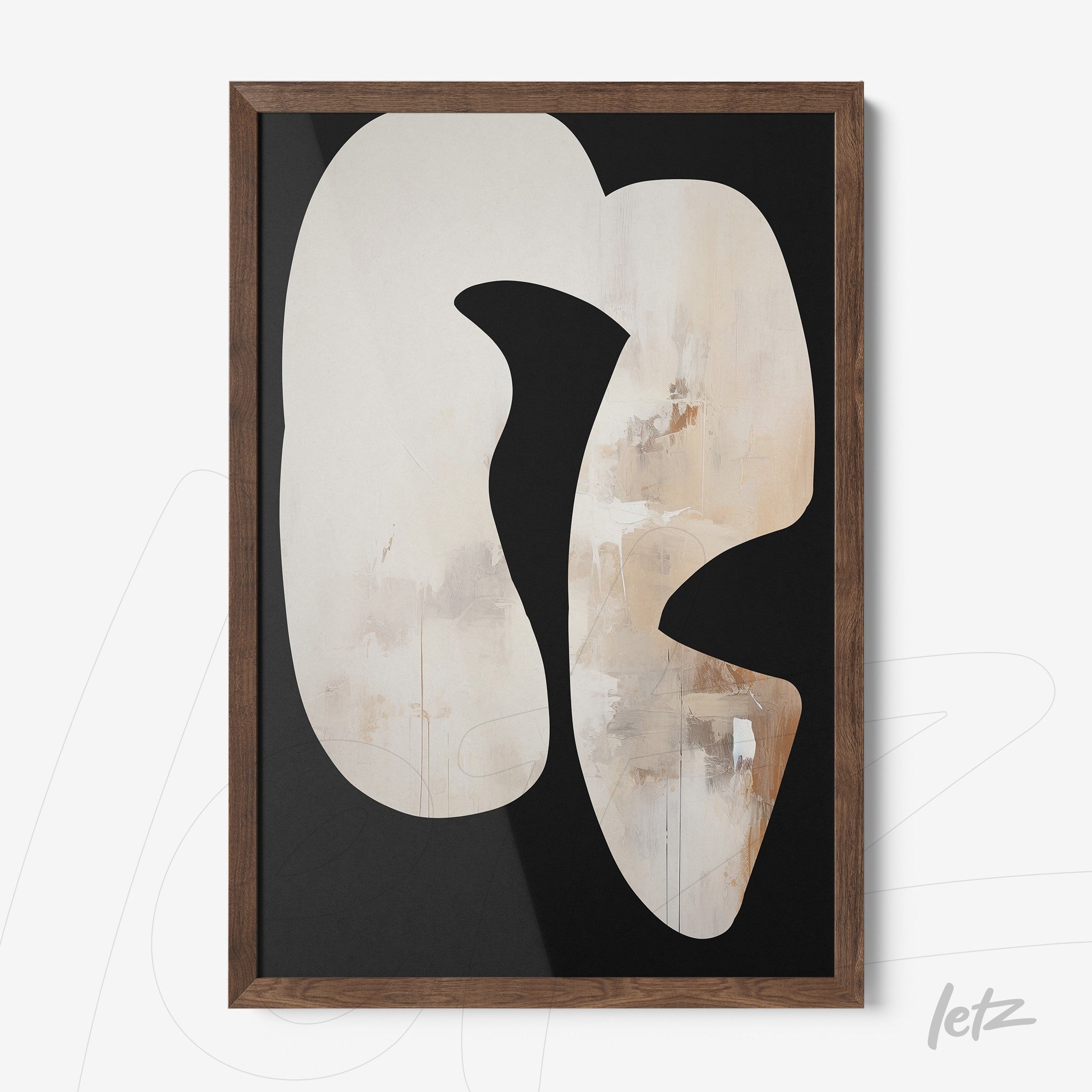 abstract wall art featuring neutral tones and black outline with dark wood frame