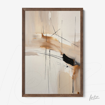 abstract art piece featuring organic shapes in beige and black, framed in dark wood