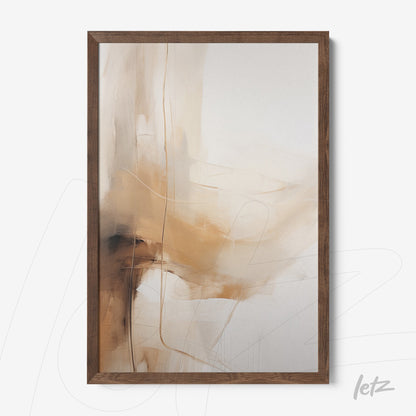 abstract wall art in shades of beige and brown, featuring a dark wood frame