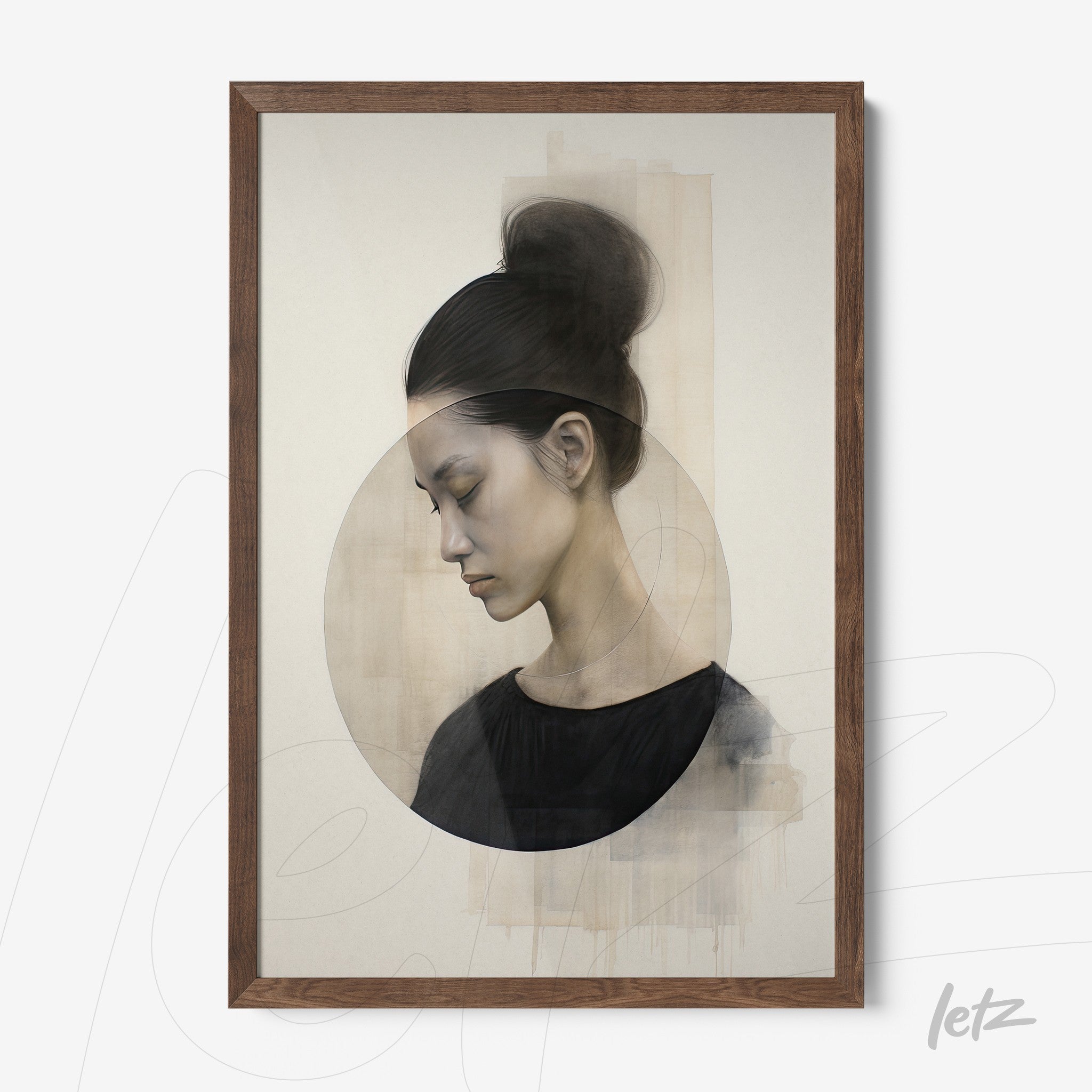 framed wall art featuring a female portrait in neutral tones with dark wood frame and textured light background