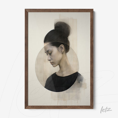 framed wall art featuring a female portrait in neutral tones with dark wood frame and textured light background