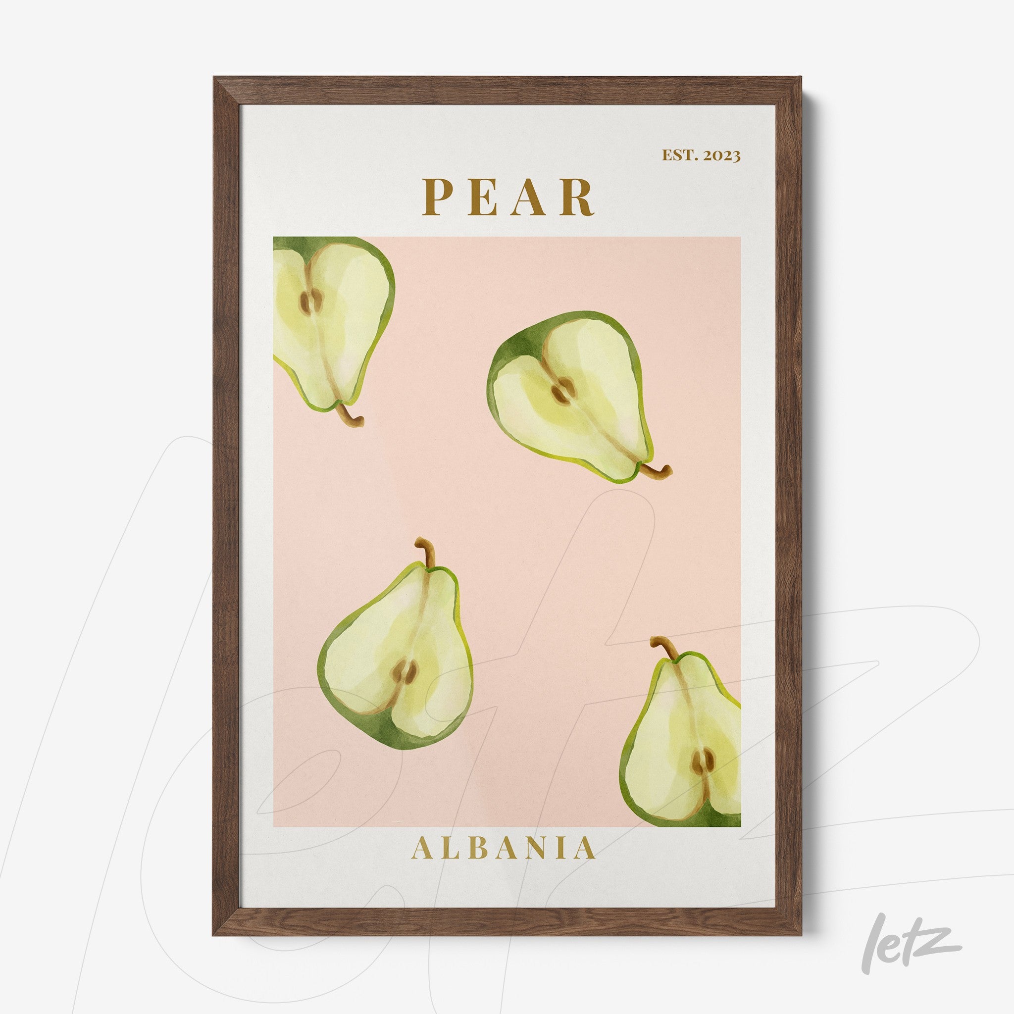 framed wall art featuring overlapping pears on a pink background with a dark wood frame