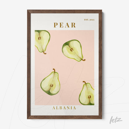 framed wall art featuring overlapping pears on a pink background with a dark wood frame