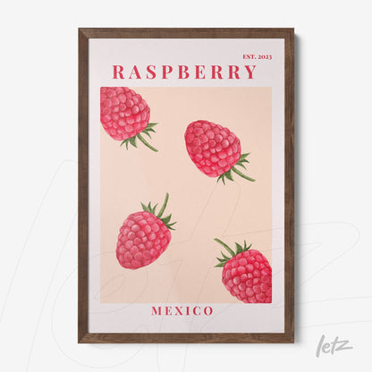 framed wall art featuring illustrative raspberries on a light background with a dark wood frame