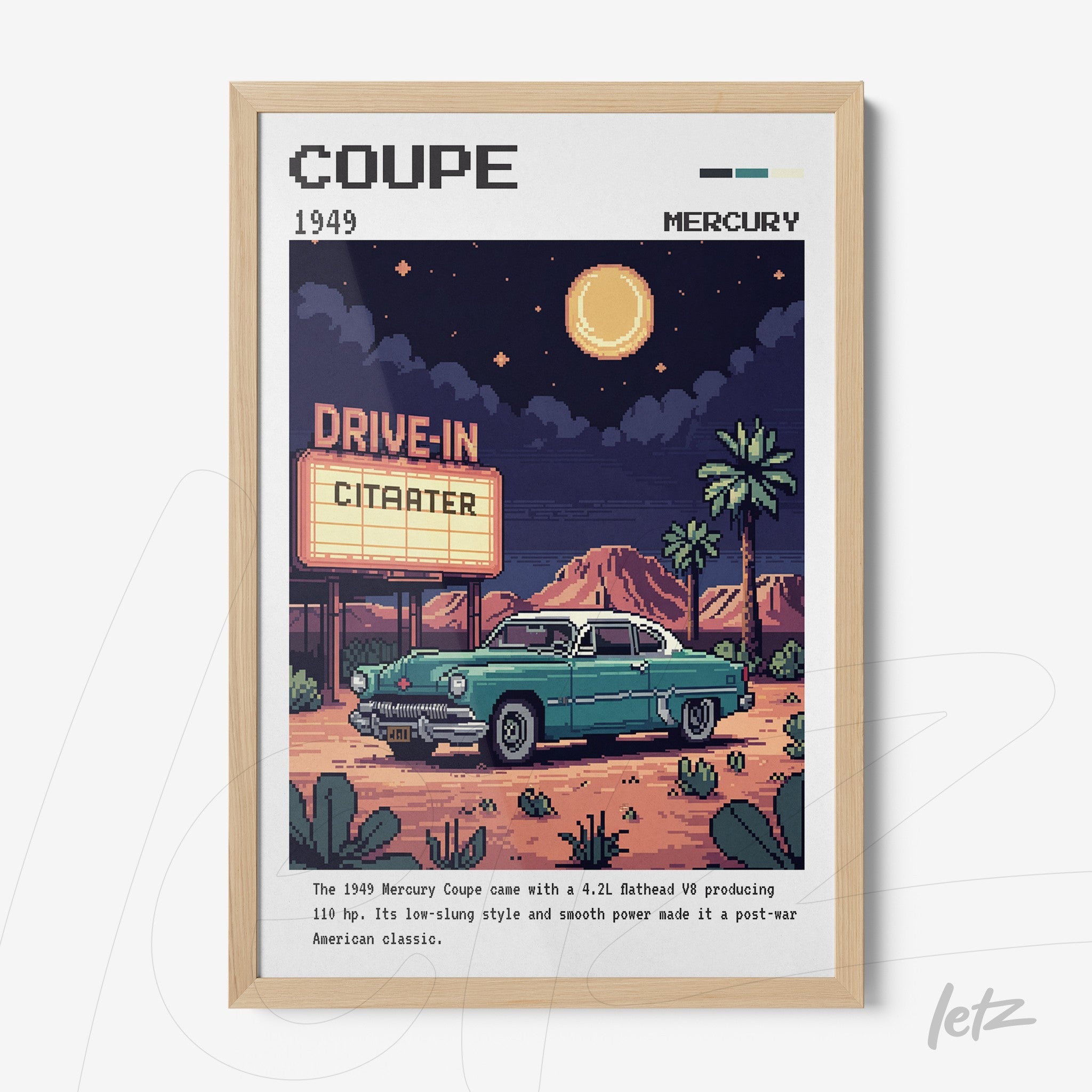 retro digital artwork of a 1949 mercury coupe in a nighttime drive-in setting with mountains in the background