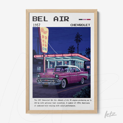 retro style framed art of a 1957 Chevrolet Bel Air in front of a diner with light wooden frame