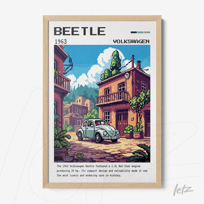 pixel art framed print of the 1963 Volkswagen Beetle car, with light frame, set against a backdrop of houses and greenery