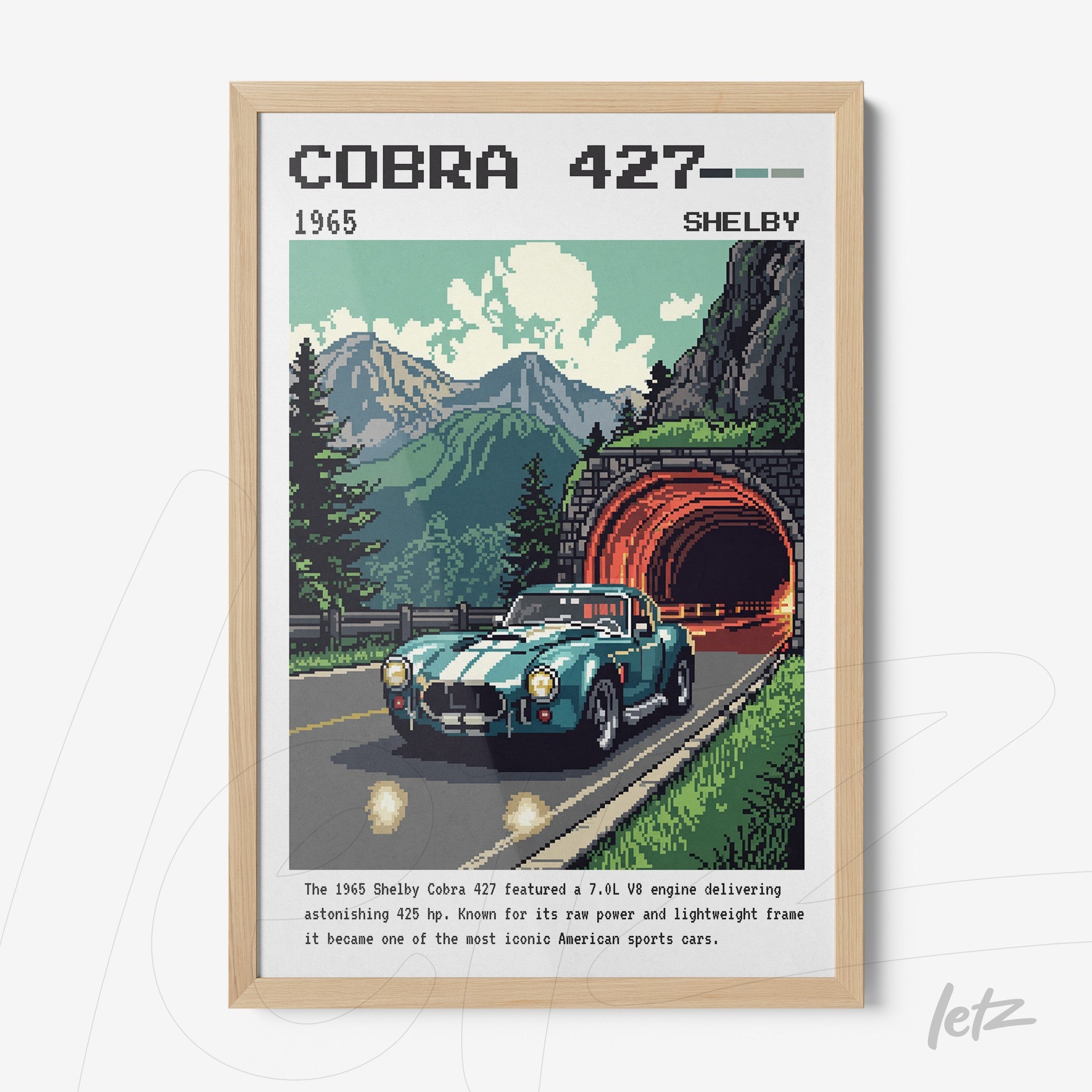 framed digital art of the Shelby Cobra 427 car with a mountainous landscape and tunnel in the background