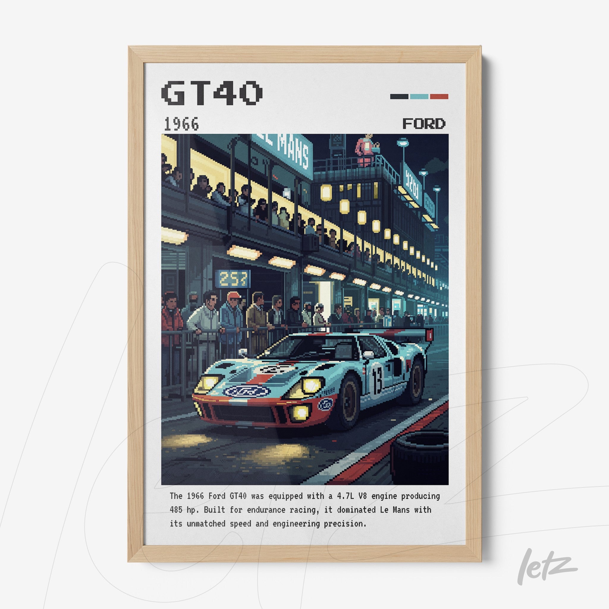 framed pixel art of a 1966 GT40 race car with light wood frame and racing track background