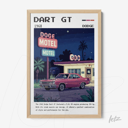 pixel art print of a Dodge Dart GT in front of a motel with a light wooden frame
