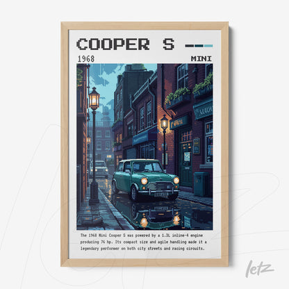digital art print of a 1968 Mini Cooper S on a London street illuminated by street lamps