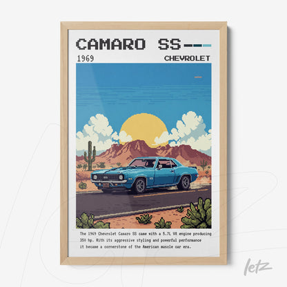 framed pixel art of a 1969 Chevrolet Camaro SS showcased in a desert with mountains and sunset in the background