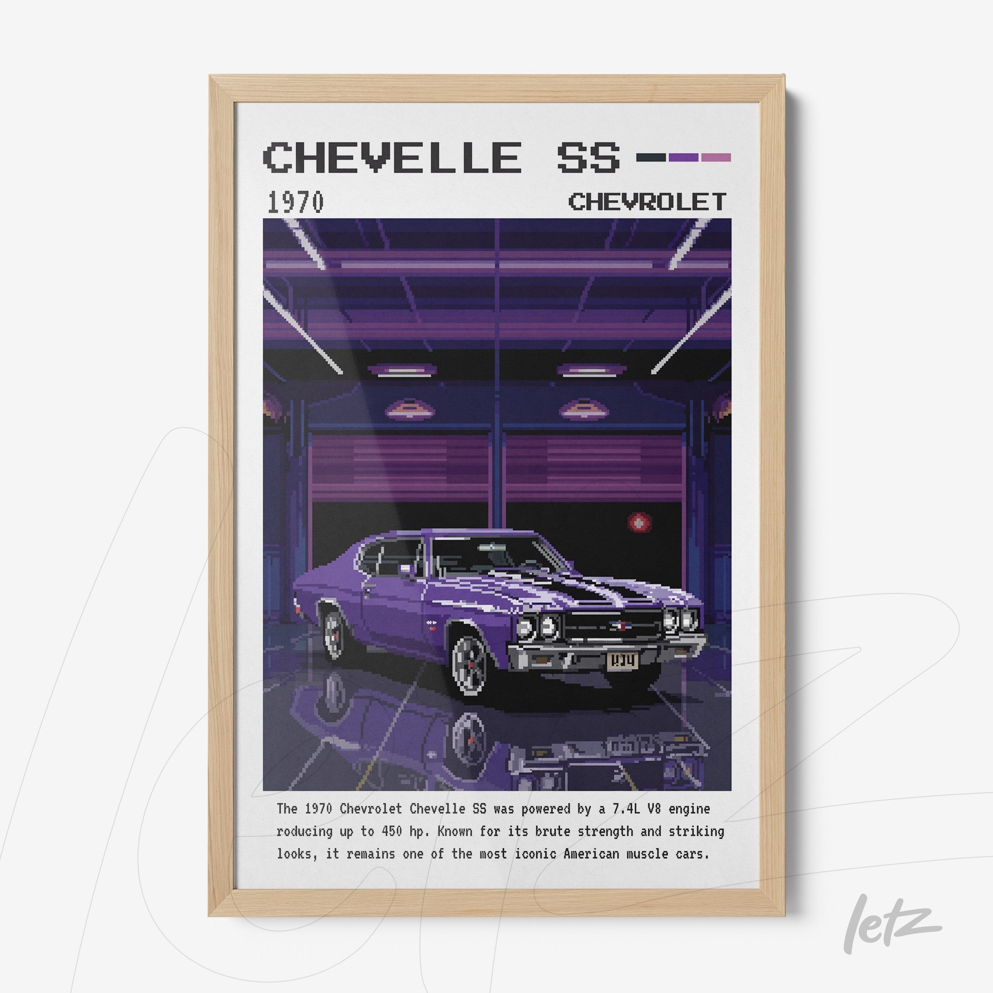 framed digital art of a 1970 Chevrolet Chevelle SS with light wood frame