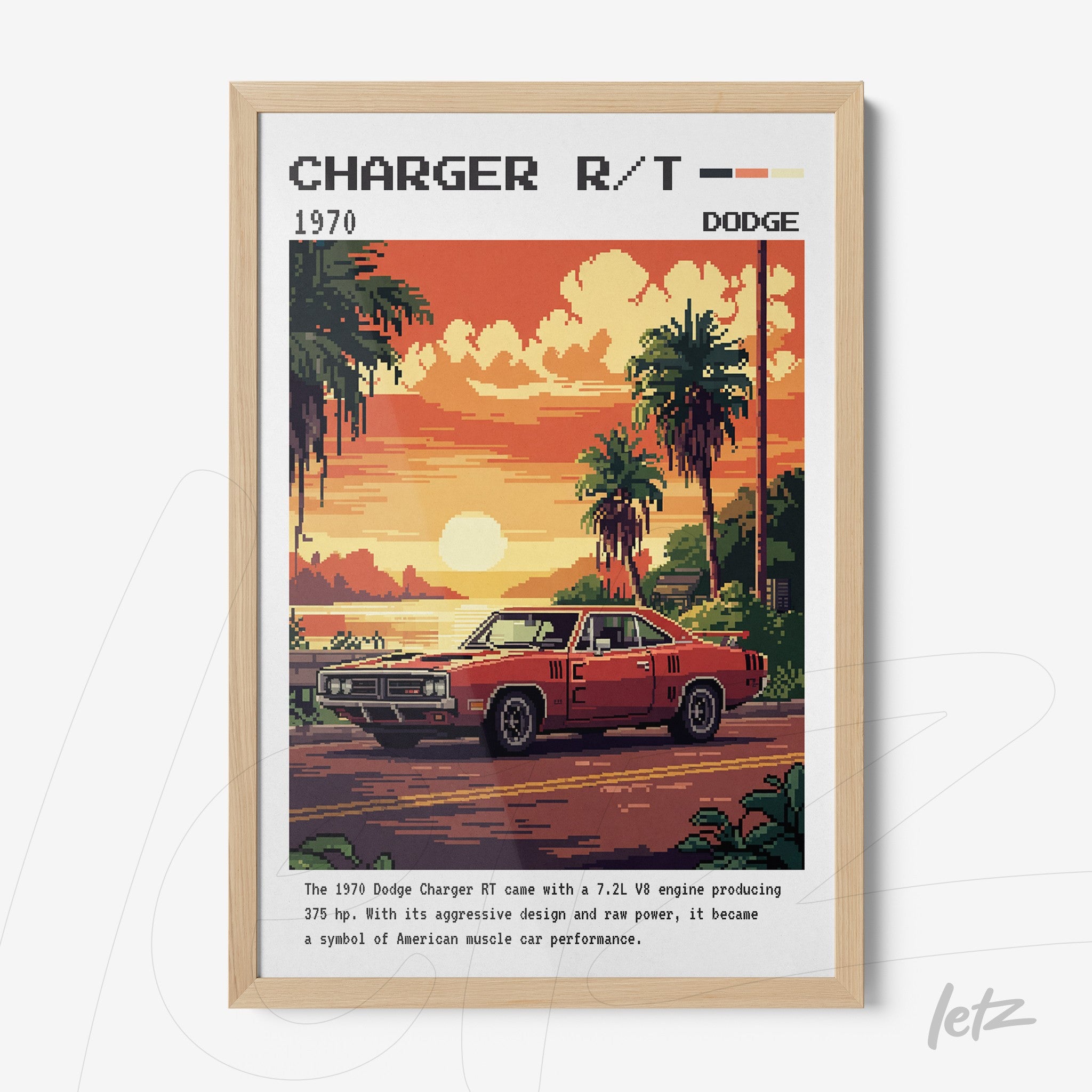 framed pixel art of a 1970 Dodge Charger R/T in a tropical setting with palm trees