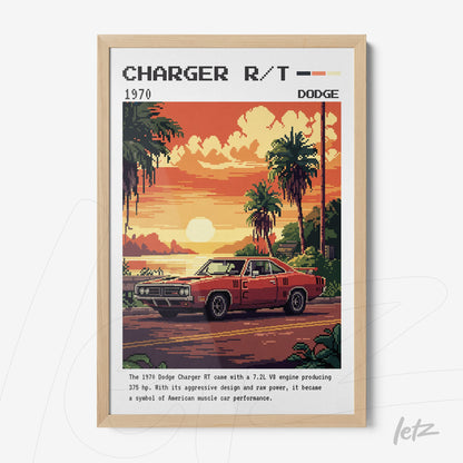 framed pixel art of a 1970 Dodge Charger R/T in a tropical setting with palm trees