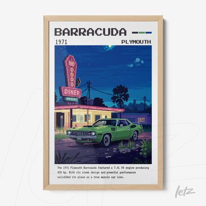 framed digital artwork of a green Plymouth Barracuda next to a diner with a light wood frame