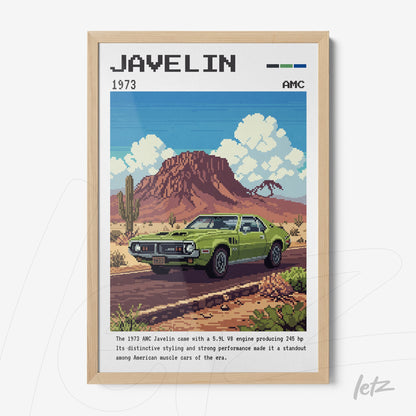 framed wall art featuring pixel art of a 1973 Javelin car against a desert backdrop with red mountains