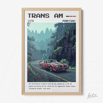 framed pixel art of 1978 Pontiac Trans Am car in mountainous landscape