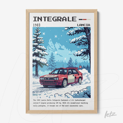 framed wall art featuring pixelated illustration of Lancia Delta Integrale in snowy landscape