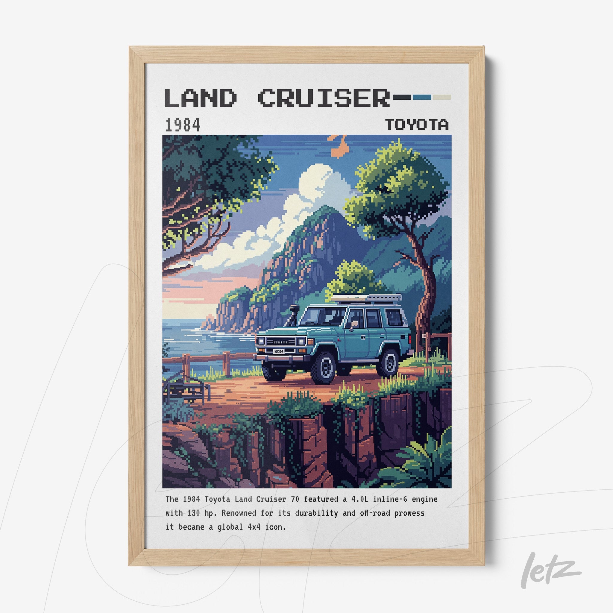 retro style digital art of the 1984 Land Cruiser in a mountainous landscape with light wood frame