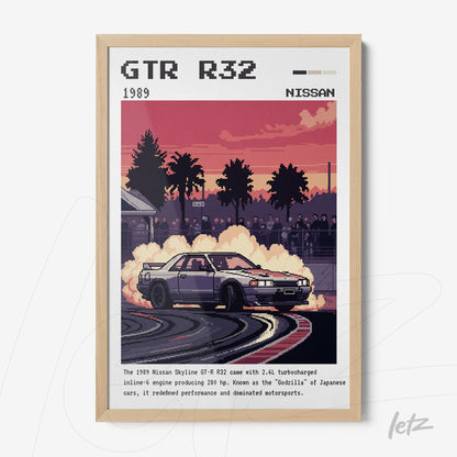 retro style wall art featuring a sports car on the track with a light wood frame and sunset tones in the background