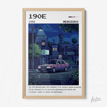 pixel art print of a Mercedes-Benz 190E parked on a dimly lit street at night, framed in light wood
