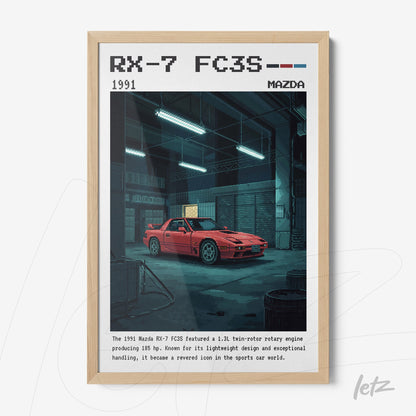 retro illustration of a 1991 Mazda RX-7 FC3S car in a light wood frame