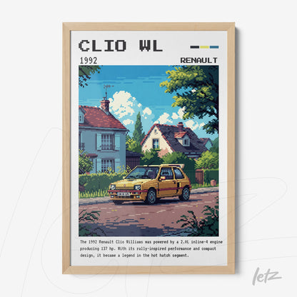 retro style digital art print of a yellow Clio Williams car in front of a house with a garden, framed in light wood