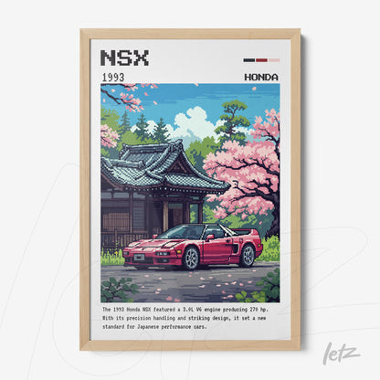 pixel art print of Honda NSX in front of Japanese architecture with cherry blossoms, light wood frame