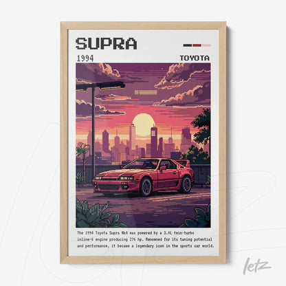 pixel art print of 1994 Toyota Supra in light wood frame