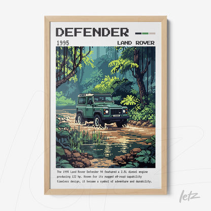 framed pixel art of 1995 Land Rover Defender with light wood frame