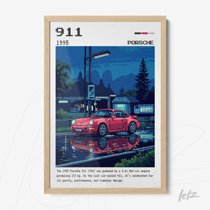 framed pixel art of a 1995 Porsche 911 with nighttime background and reflections on water