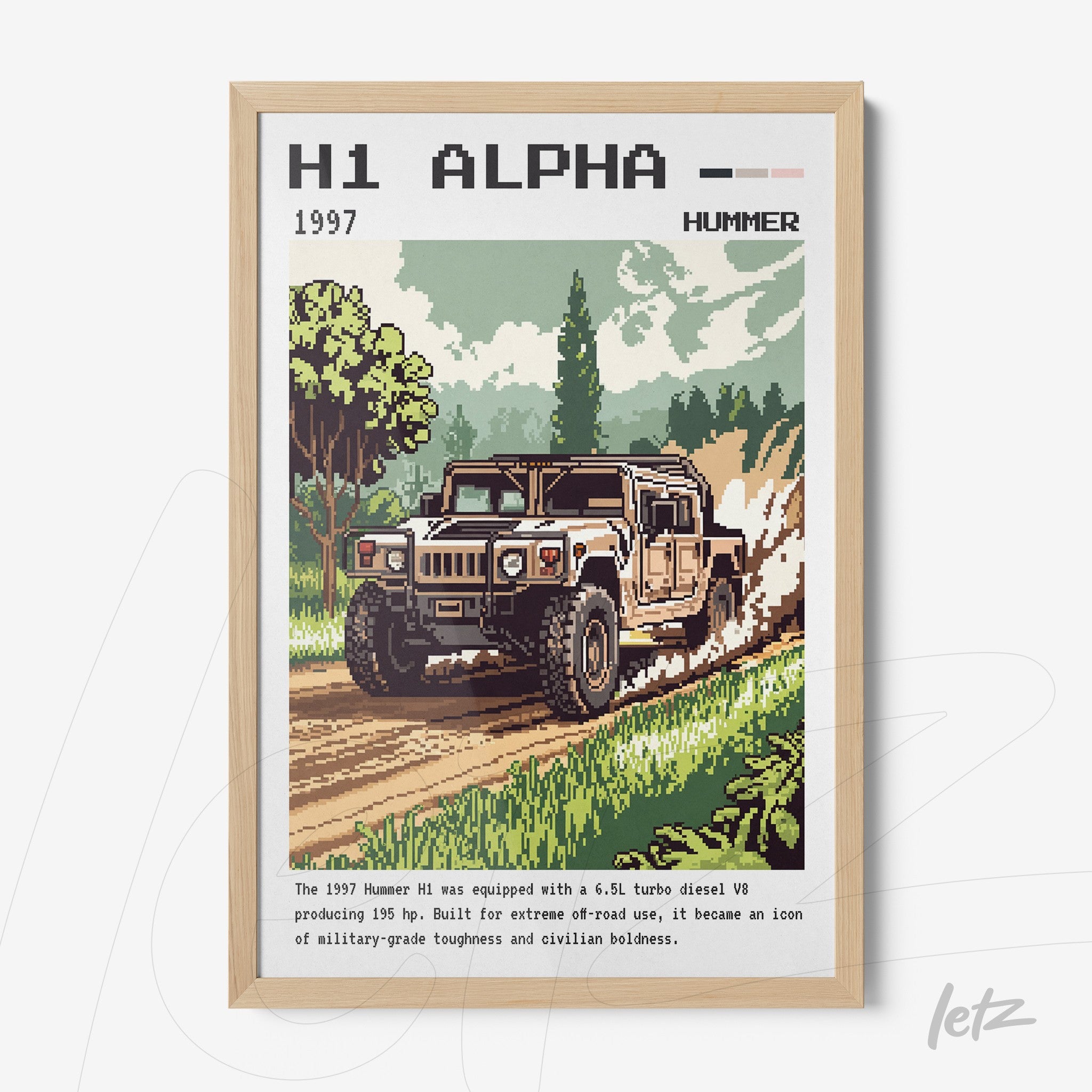 framed pixel art of 1997 Hummer H1 vehicle with light wooden frame