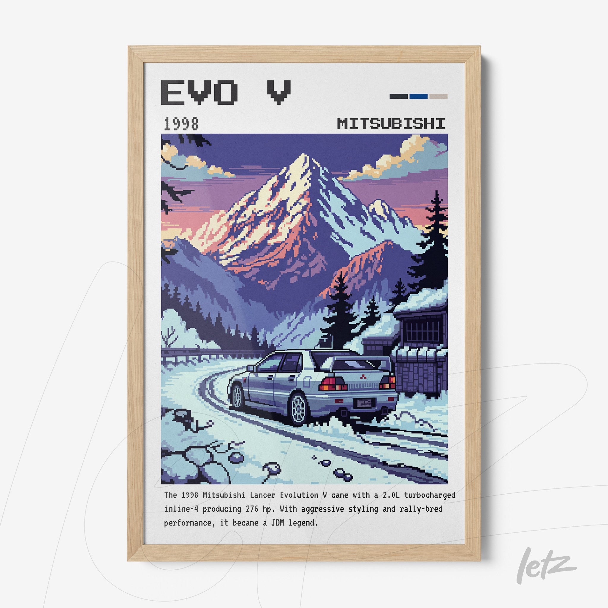 pixel art framed print depicting a Mitsubishi Lancer Evolution V on a snowy mountain road with a wooden house in the background and light wood frame