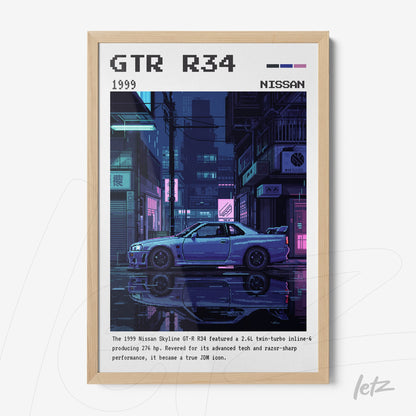 framed wall art featuring a digital illustration of a Nissan GT-R R34 in a neon urban setting with a light wood frame