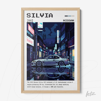 framed wall art featuring digital illustration of a 2002 Nissan Silvia on a lit urban street at night