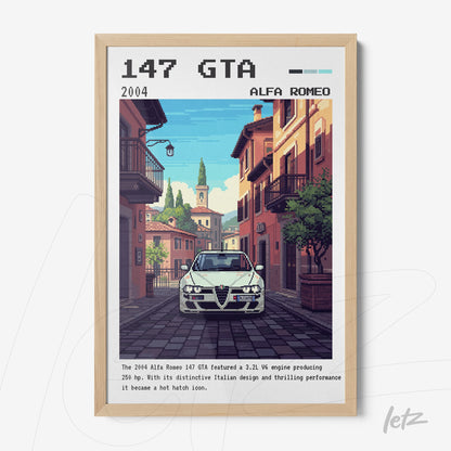 framed digital art featuring pixelated illustration of Alfa Romeo 147 GTA in an Italian street with light wood frame
