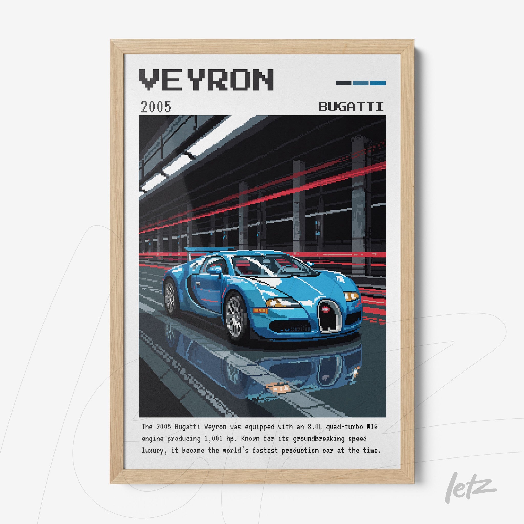 framed digital art of a Bugatti Veyron sports car with a light wood frame and urban background