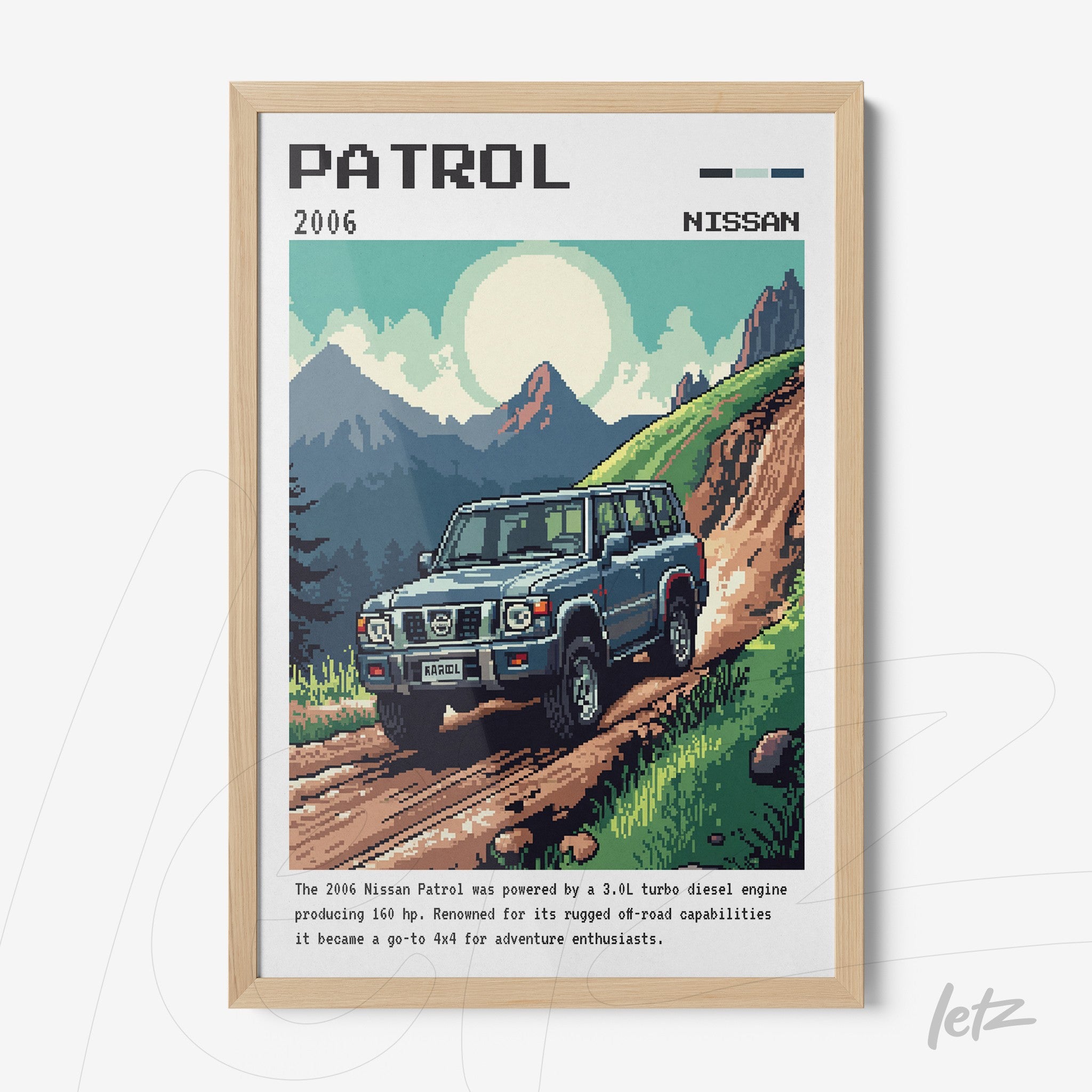 framed digital art of a 2006 Nissan Patrol on a mountainous trail with light wood frame