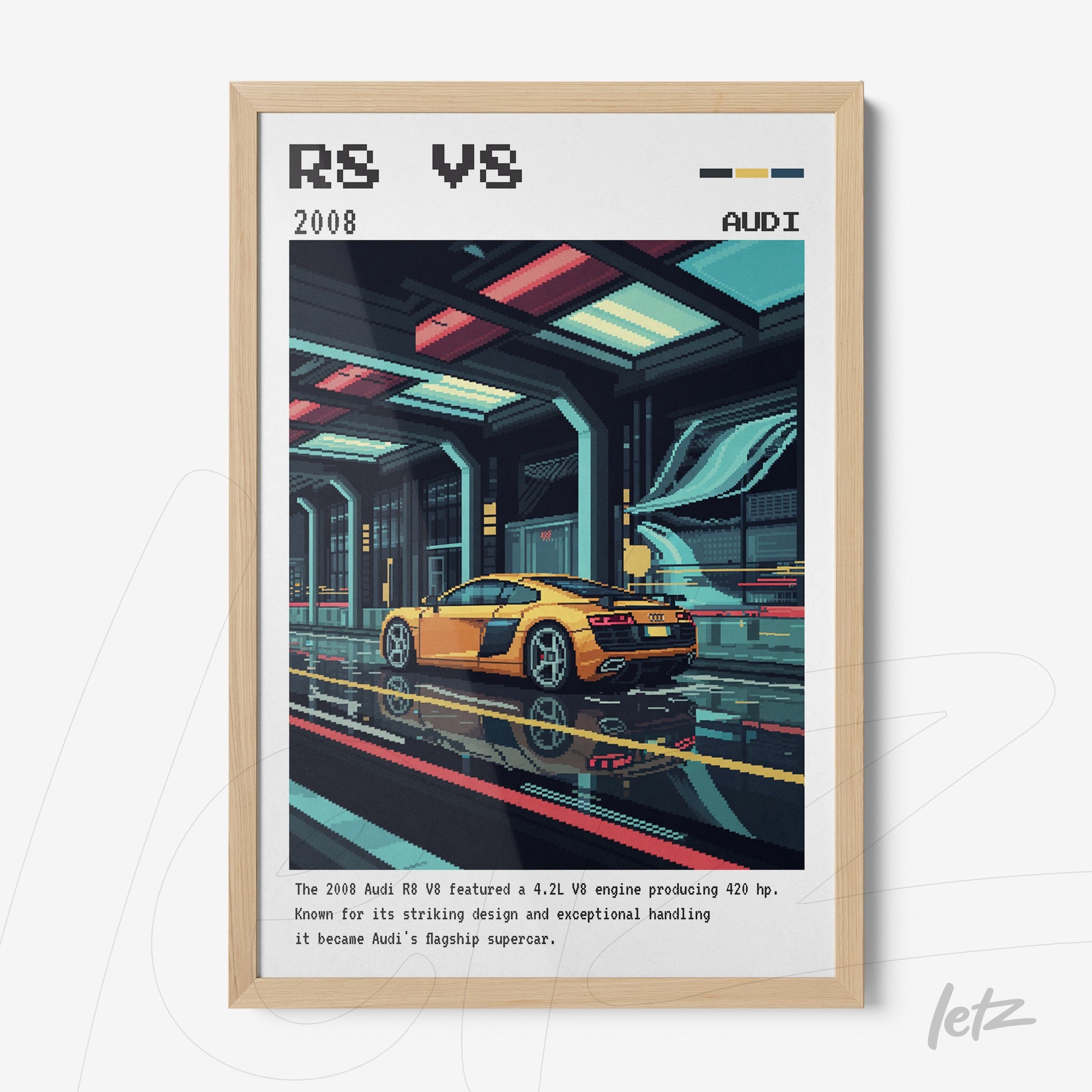 framed artwork of Audi R8 V8 car illustration with light frame, set against a retro urban background and design elements