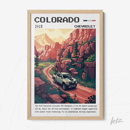 framed vector art of the 2015 Chevrolet Colorado modeled against a mountainous landscape with a dirt road and a light wood frame