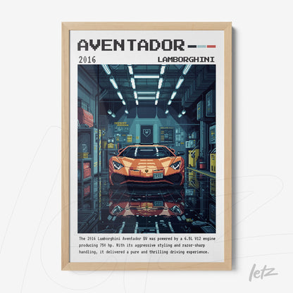 framed artwork featuring a detailed illustration of a lamborghini aventador in a modern garage with light wood frame
