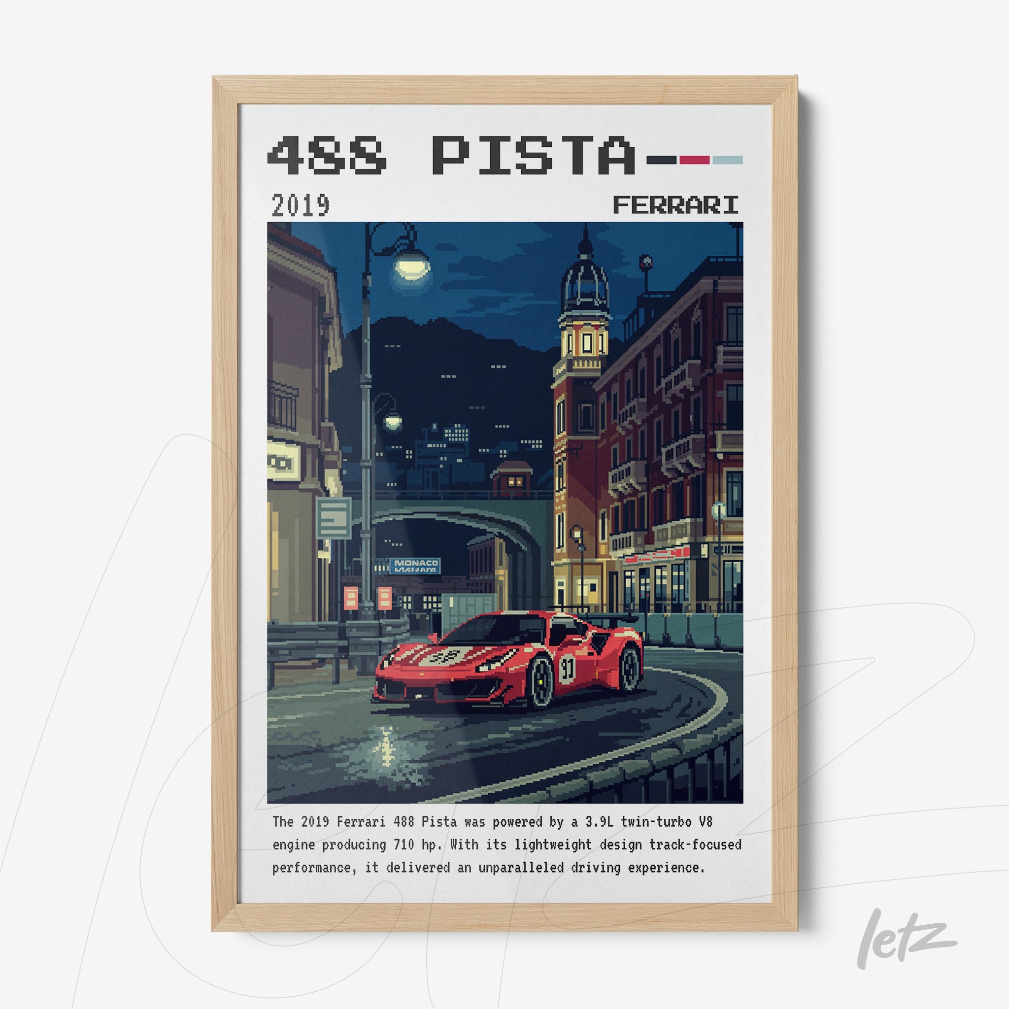 framed pixel art featuring a red ferrari 488 pista in a nighttime urban setting with light wooden frame
