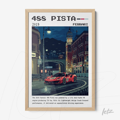 framed pixel art featuring a red ferrari 488 pista in a nighttime urban setting with light wooden frame