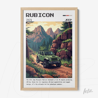 retro style digital art of a 2021 jeep rubicon driving through mountains and greenery with a light wood frame