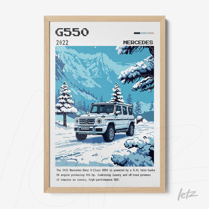 retro style art of the Mercedes-Benz G-Class G550 in a snowy mountain setting with light wood frame